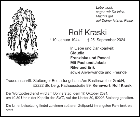 Traueranzeige von Rolf Kraski von Zeitung am Sonntag
