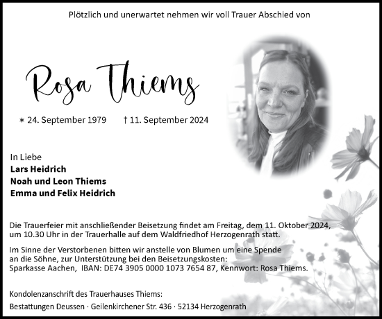 Traueranzeige von Rosa Thiems von Zeitung am Sonntag