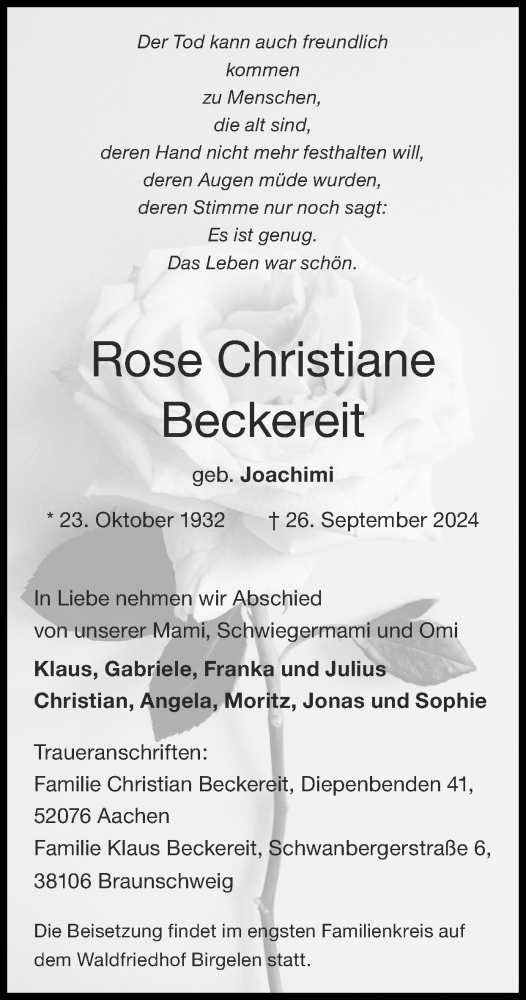 Traueranzeige von Rose Christiane Beckereit von Zeitung am Sonntag
