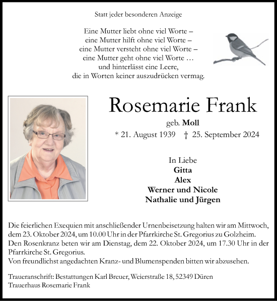 Traueranzeige von Rosemarie Frank von Zeitung am Sonntag
