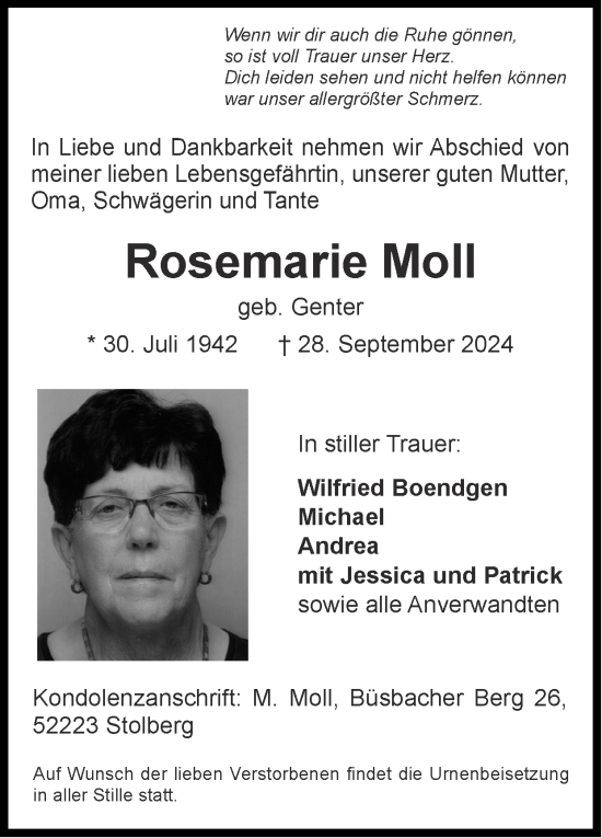 Traueranzeige von Rosemarie Moll von Zeitung am Sonntag