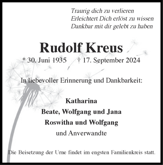 Traueranzeige von Rudolf Kreus von Zeitung am Sonntag