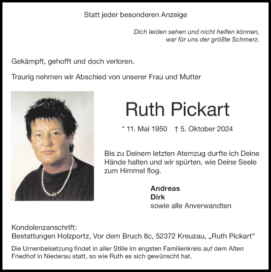 Traueranzeige von Ruth Pickart von Zeitung am Sonntag
