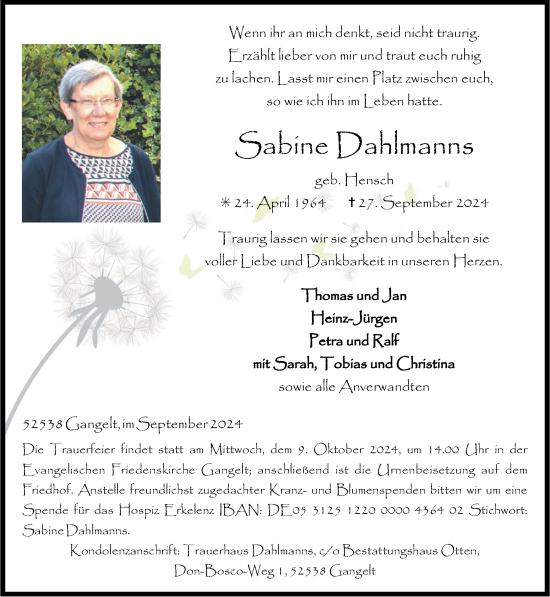 Traueranzeige von Sabine Dahlmanns von Zeitung am Sonntag