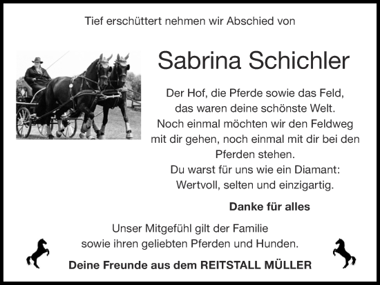 Traueranzeige von Sabrina Schichler von Zeitung am Sonntag