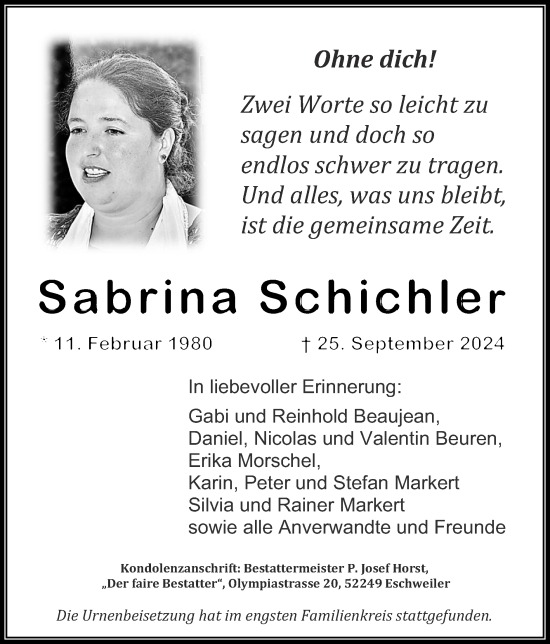 Traueranzeige von Sabrina Schichler von Zeitung am Sonntag