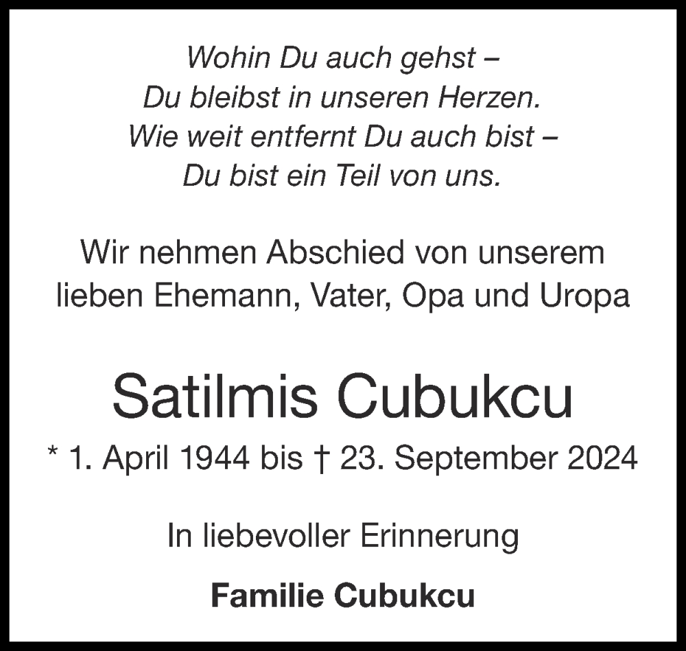  Traueranzeige für Satilmis Cubukcu vom 13.10.2024 aus Zeitung am Sonntag