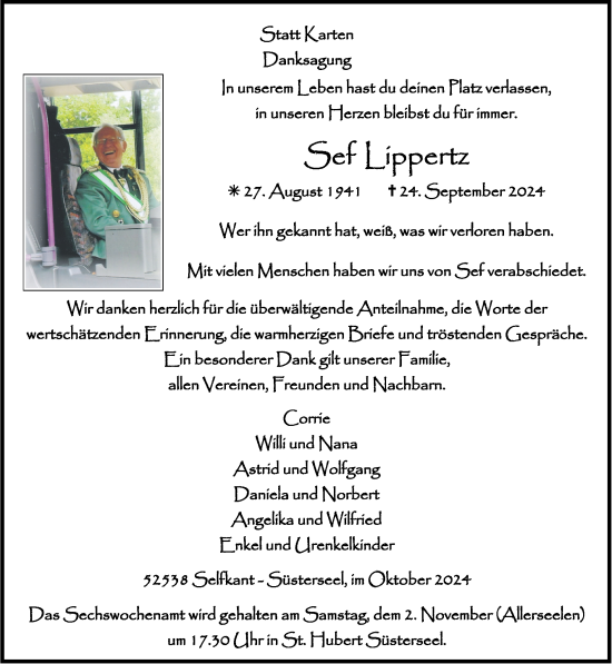 Traueranzeige von Sef Lippertz von Zeitung am Sonntag