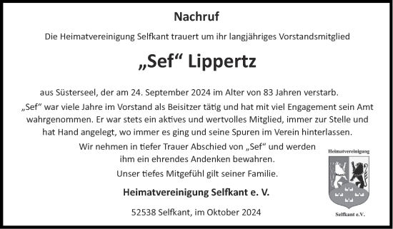Traueranzeige von Sef Lippertz von Zeitung am Sonntag