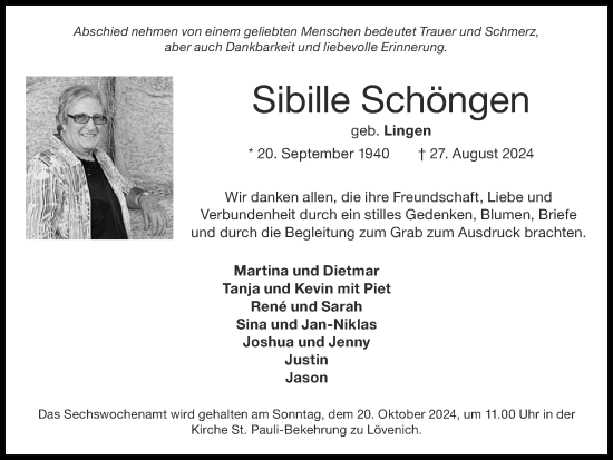 Traueranzeige von Sibille Schöngen von Zeitung am Sonntag