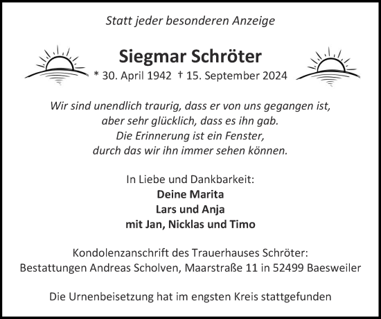 Traueranzeige von Siegmar Schröter von Zeitung am Sonntag