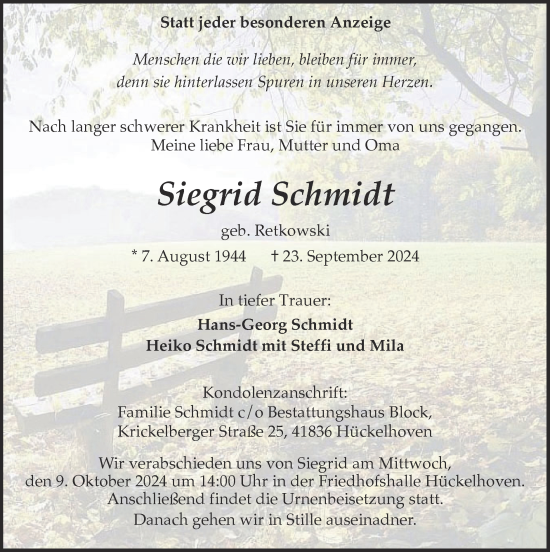 Traueranzeige von Siegrid Schmidt von Zeitung am Sonntag