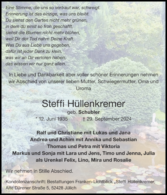 Traueranzeige von Steffi Hüllenkremer von Zeitung am Sonntag