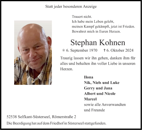 Traueranzeige von Stephan Kohnen von Zeitung am Sonntag