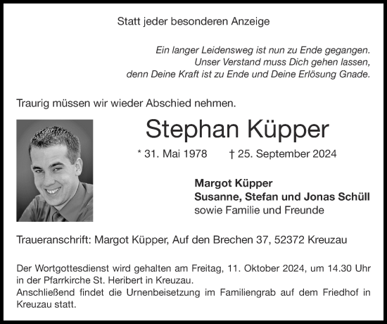 Traueranzeige von Stephan Küpper von Zeitung am Sonntag