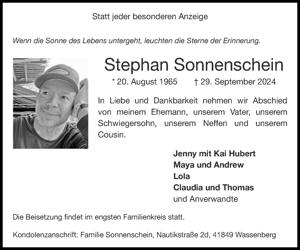  Traueranzeige für Stephan Sonnenschein vom 20.10.2024 aus Zeitung am Sonntag