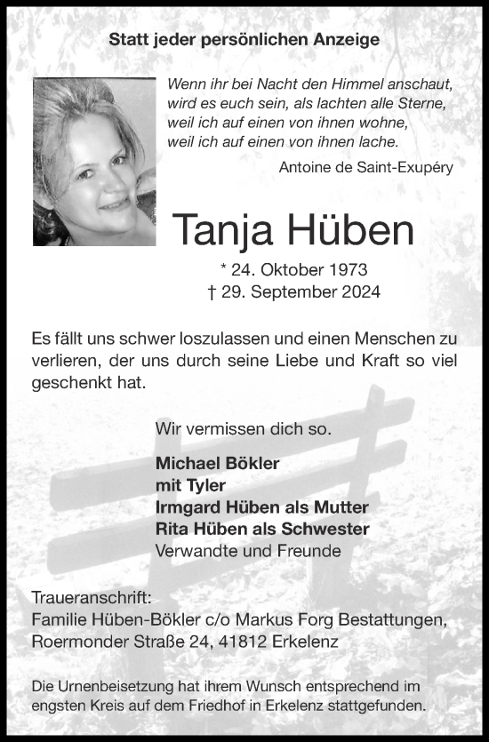 Traueranzeige von Tanja Hüben von Zeitung am Sonntag