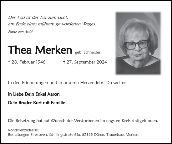 Traueranzeige von Thea Merken von Zeitung am Sonntag
