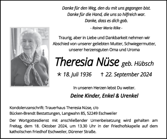 Traueranzeige von Theresia Nüse von Zeitung am Sonntag