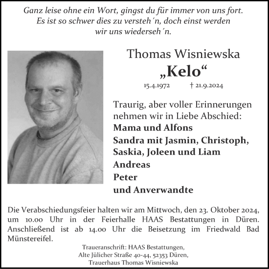 Traueranzeige von Thomas Wisniewska von Zeitung am Sonntag