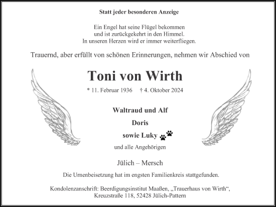 Traueranzeige von Toni  von Wirth von Zeitung am Sonntag