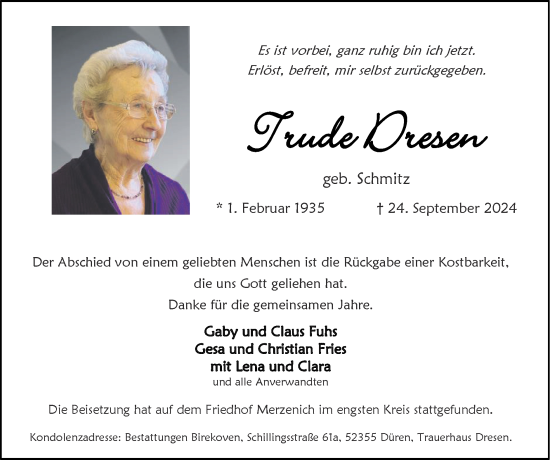 Traueranzeige von Trude Dresen von Zeitung am Sonntag