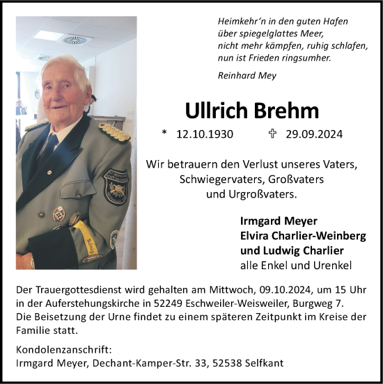 Traueranzeige von Ullrich Brehm von Zeitung am Sonntag