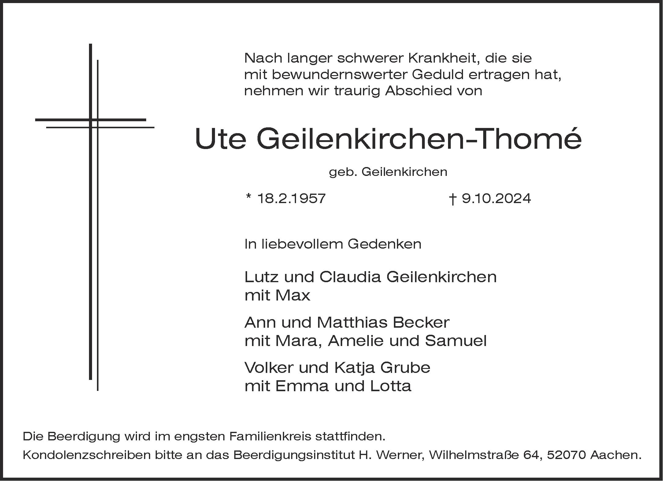  Traueranzeige für Ute Geilenkirchen-Thome vom 19.10.2024 aus Aachener Zeitung