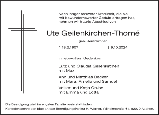 Traueranzeige von Ute Geilenkirchen-Thome von Aachener Zeitung
