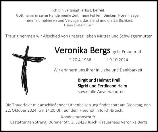 Traueranzeige von Veronika Bergs von Zeitung am Sonntag