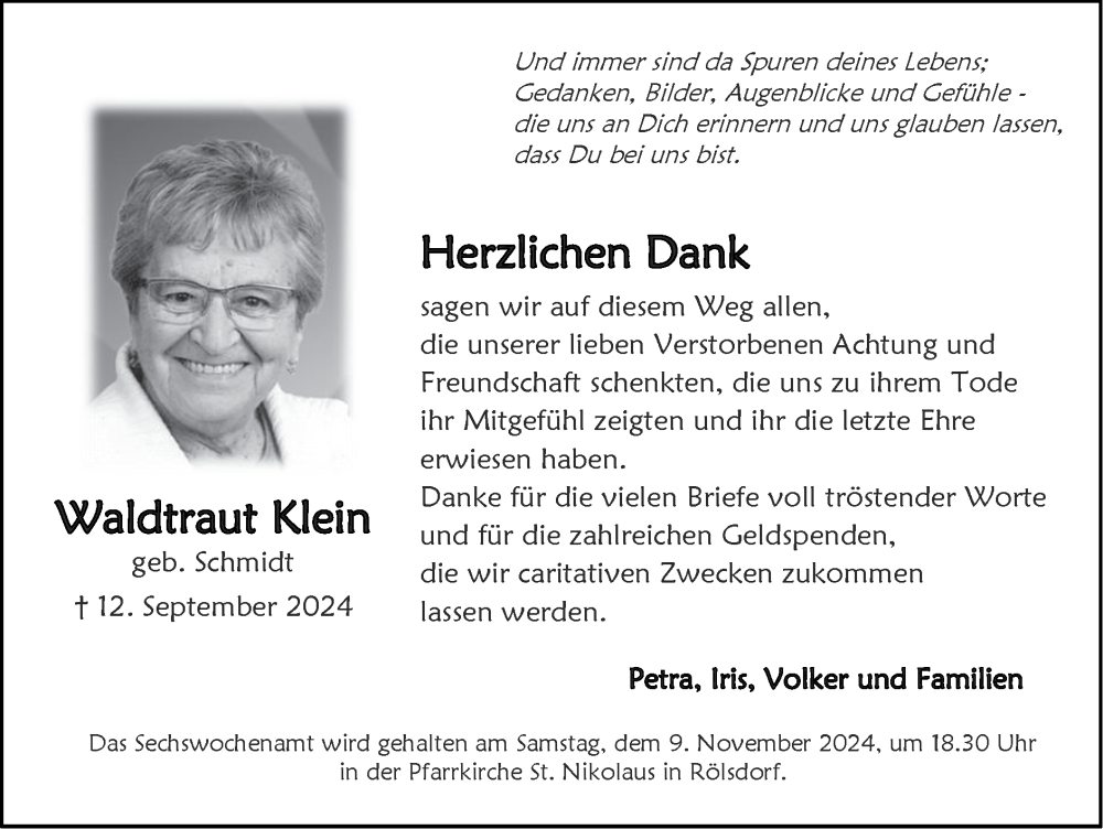  Traueranzeige für Waldtraut Klein vom 27.10.2024 aus Zeitung am Sonntag
