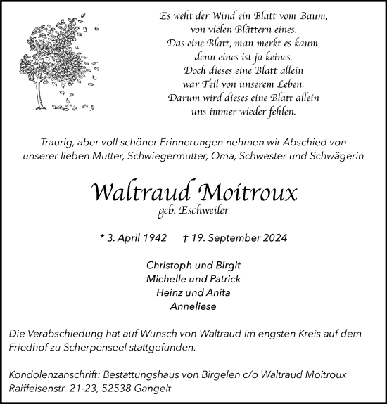 Traueranzeige von Waltraud Moitroux von Zeitung am Sonntag