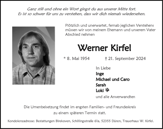 Traueranzeige von Werner Kirfel von Zeitung am Sonntag