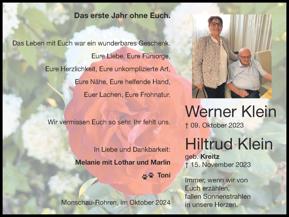  Traueranzeige für Werner Klein vom 13.10.2024 aus Zeitung am Sonntag