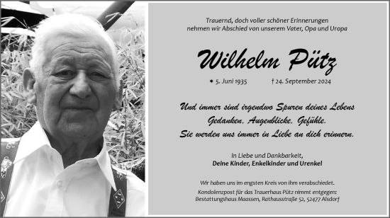 Traueranzeige von Wilhelm Pütz von Zeitung am Sonntag