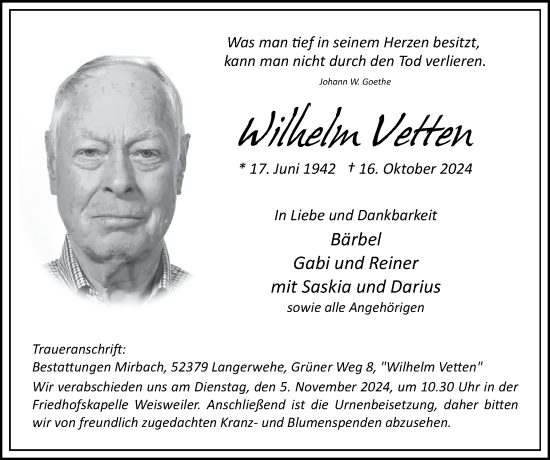 Traueranzeige von Wilhelm Vetten von Zeitung am Sonntag