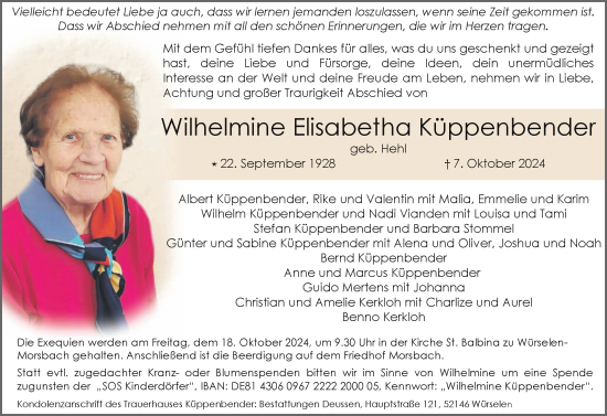 Traueranzeige von Wilhelmine Elisabetha Küppenbender von Zeitung am Sonntag
