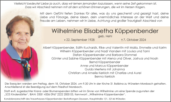 Traueranzeige von Wilhelmine Elisabetha Küppenbender von Aachener Zeitung