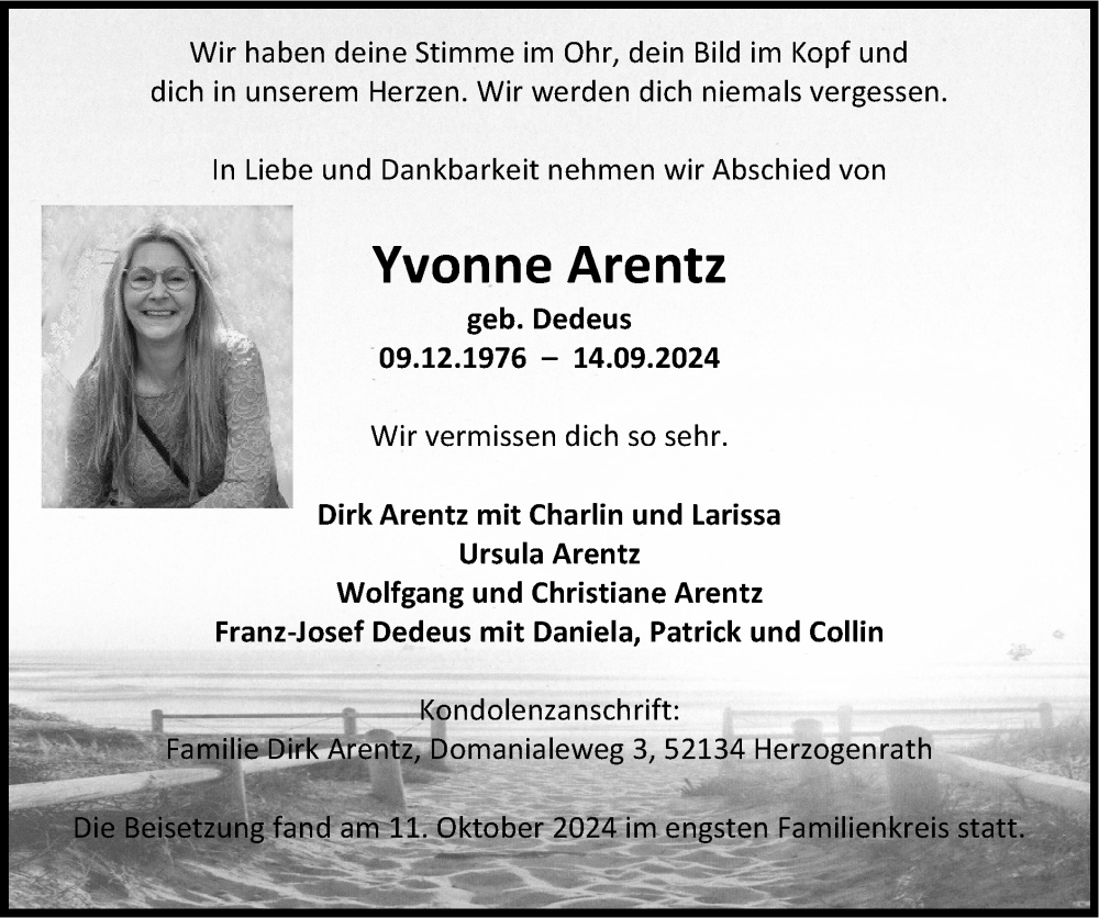  Traueranzeige für Yvonne Arentz vom 13.10.2024 aus Zeitung am Sonntag