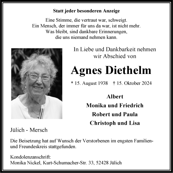 Traueranzeige von Agnes Diethelm von Zeitung am Sonntag