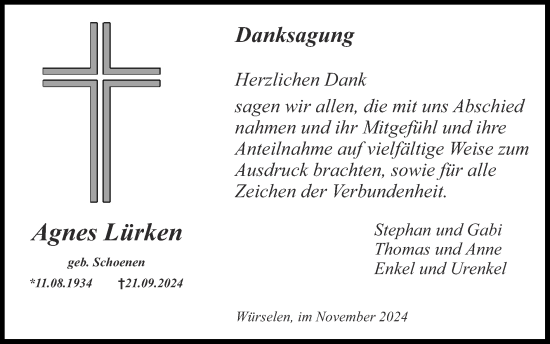 Traueranzeige von Agnes Lürken von Zeitung am Sonntag