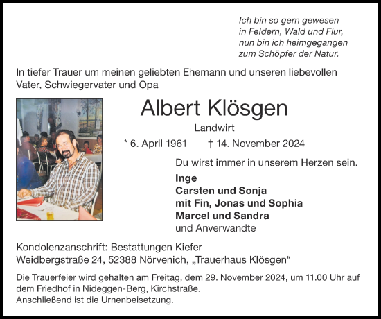 Traueranzeige von Albert Klösgen von Zeitung am Sonntag
