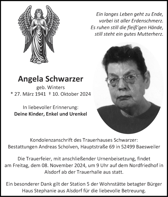 Traueranzeige von Angela Schwarzer von Zeitung am Sonntag