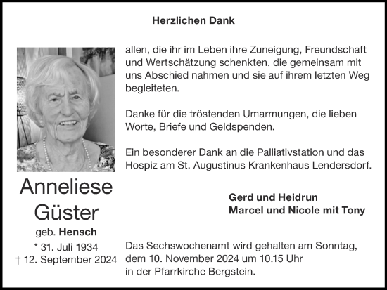 Traueranzeige von Anneliese Güster von Zeitung am Sonntag