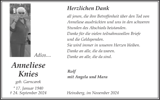 Traueranzeige von Anneliese Knies von Zeitung am Sonntag
