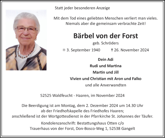 Traueranzeige von Bärbel von der Forst von Zeitung am Sonntag