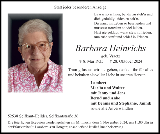 Traueranzeige von Barbara Heinrichs von Zeitung am Sonntag