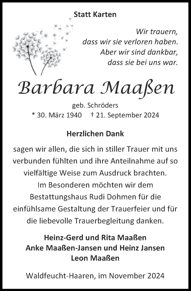  Traueranzeige für Barbara Maaßen vom 03.11.2024 aus Zeitung am Sonntag
