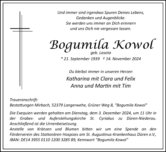 Traueranzeige von Bogumila Kowol von Zeitung am Sonntag