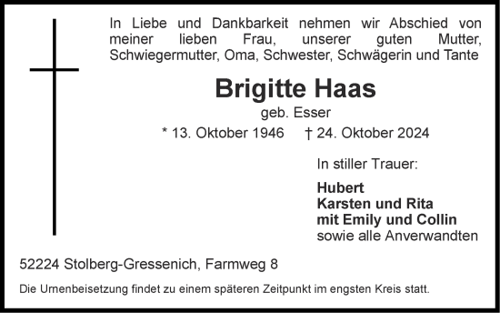 Traueranzeige von Brigitte Haas von Zeitung am Sonntag